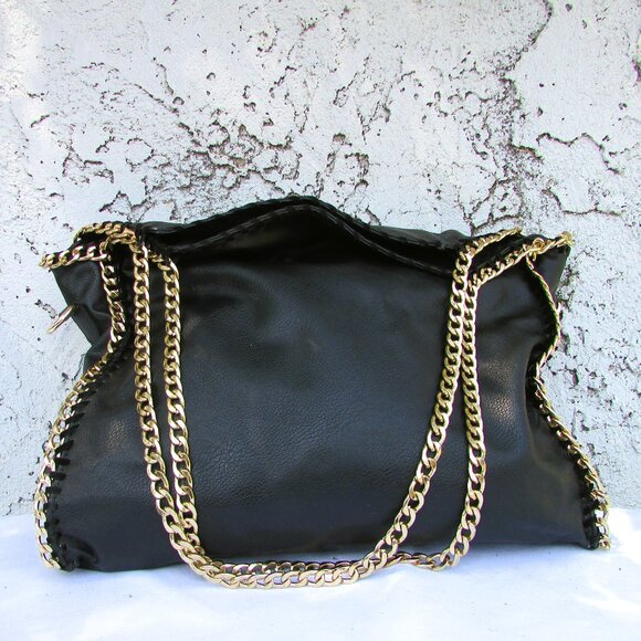 Black faux leather gold tone chain tote 15"X14"X5" - Picture 5 of 7